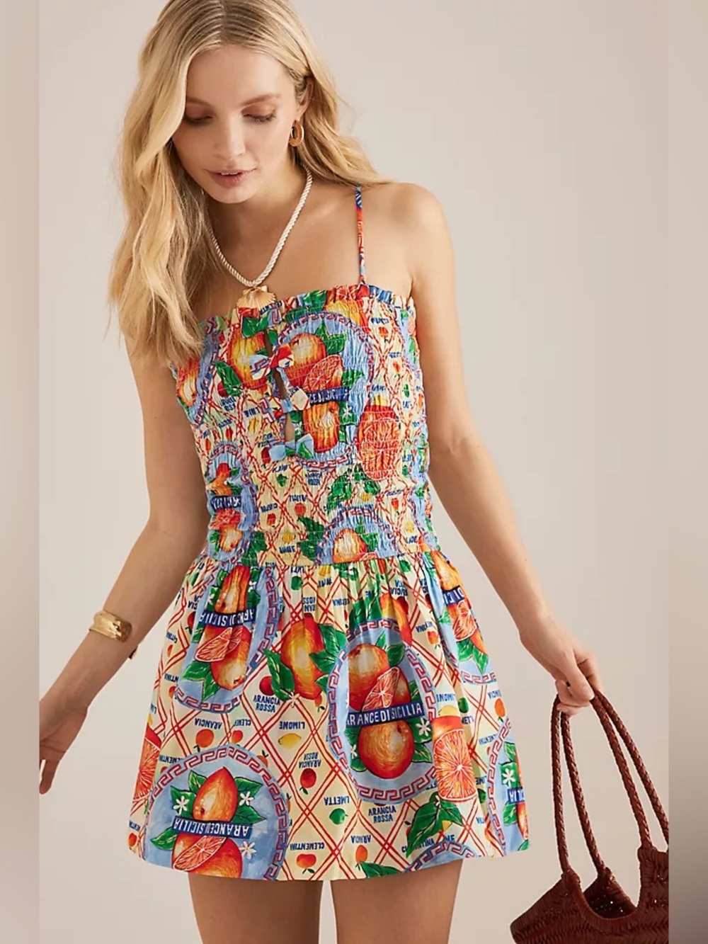 New Damson Madder fleur shirred mini dress in orange wrappers print